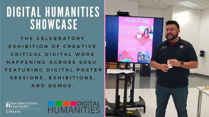 Split graphic promoting the “Digital Humanities Showcase.” The left side features text on a teal background, reading: “Digital Humanities Showcase. The celebratory exhibition of creative-critical digital work happening across SDSU. Featuring digital poster sessions, exhibitions, and demos.” The bottom includes the SDSU Library logo and a “Digital Humanities” logo. The right side shows a man speaking in front of a large screen displaying a presentation titled “Alice K. Lieg.”