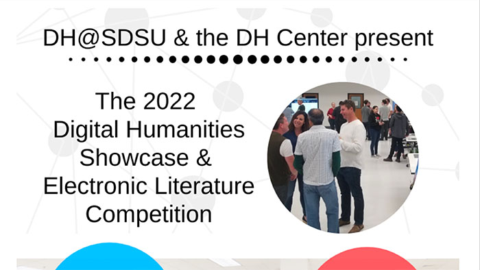 Promotional graphic for the “2022 Digital Humanities Showcase & Electronic Literature Competition” featuring a circular photo of people interacting in a gallery-like setting. The text reads, “DH@SDSU & the DH Center present The 2022 Digital Humanities Showcase & Electronic Literature Competition.” The design includes a white background with faint abstract network lines and dots, along with blue and red semi-circles at the bottom.