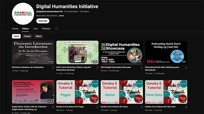 A screenshot of the Digital Humanities Initiative YouTube channel featuring various video thumbnails and titles.