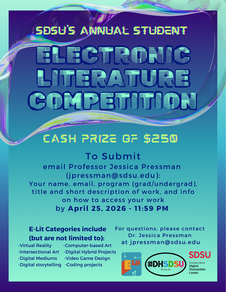 A flyer for the 2026 E-Lit competition, with details for submitting work (listed below)