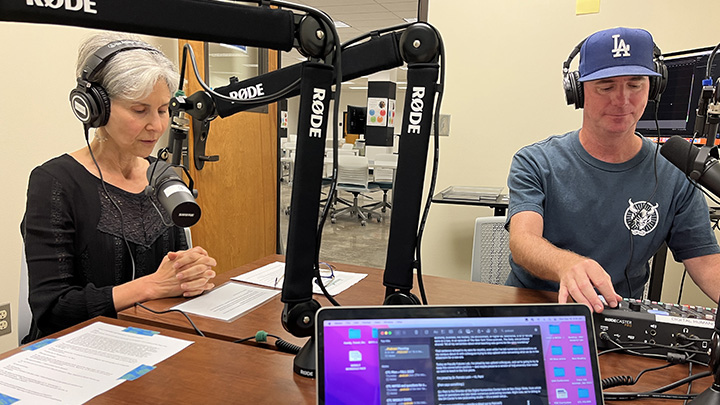 SDSU faculty Elisa Sobo and DHC Center staff Patrick Flanigan recording a podcast in the studio.