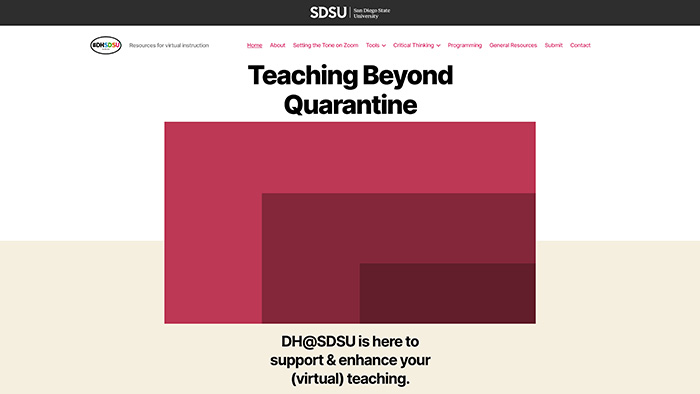 A webpage titled “Teaching Beyond Quarantine” from SDSU, with a focus on virtual teaching resources.