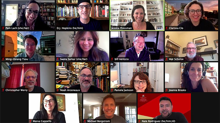 A group of people smiling during a virtual meeting, each with names and pronouns displayed on Zoom.