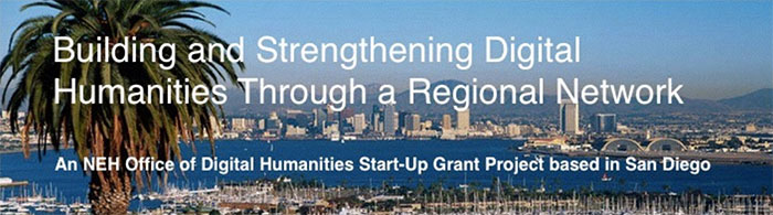 A banner promoting a Digital Humanities project with a view of San Diego’s skyline and harbor.